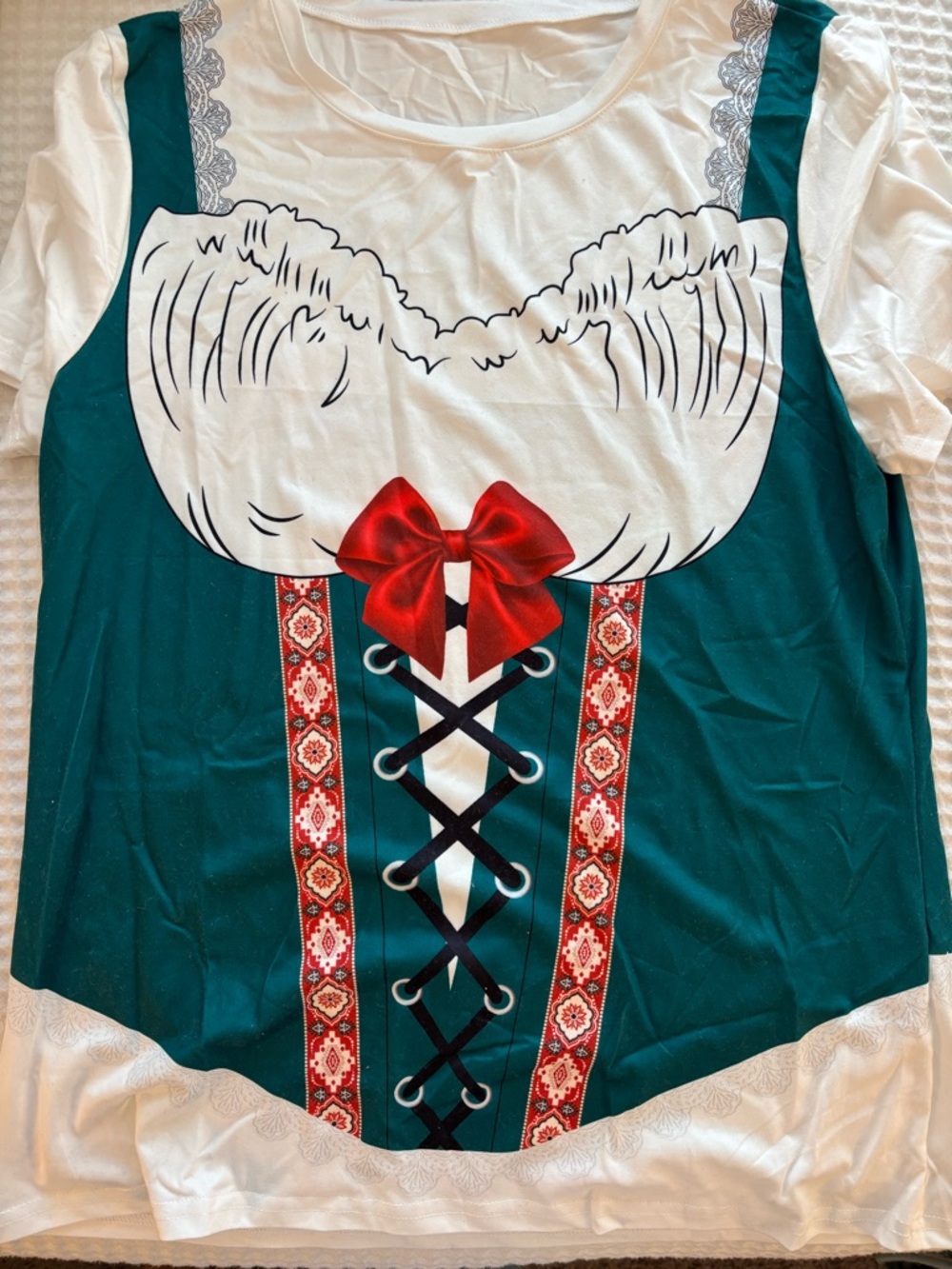 Festive Teal Corset Graphic Tee with Red Bow